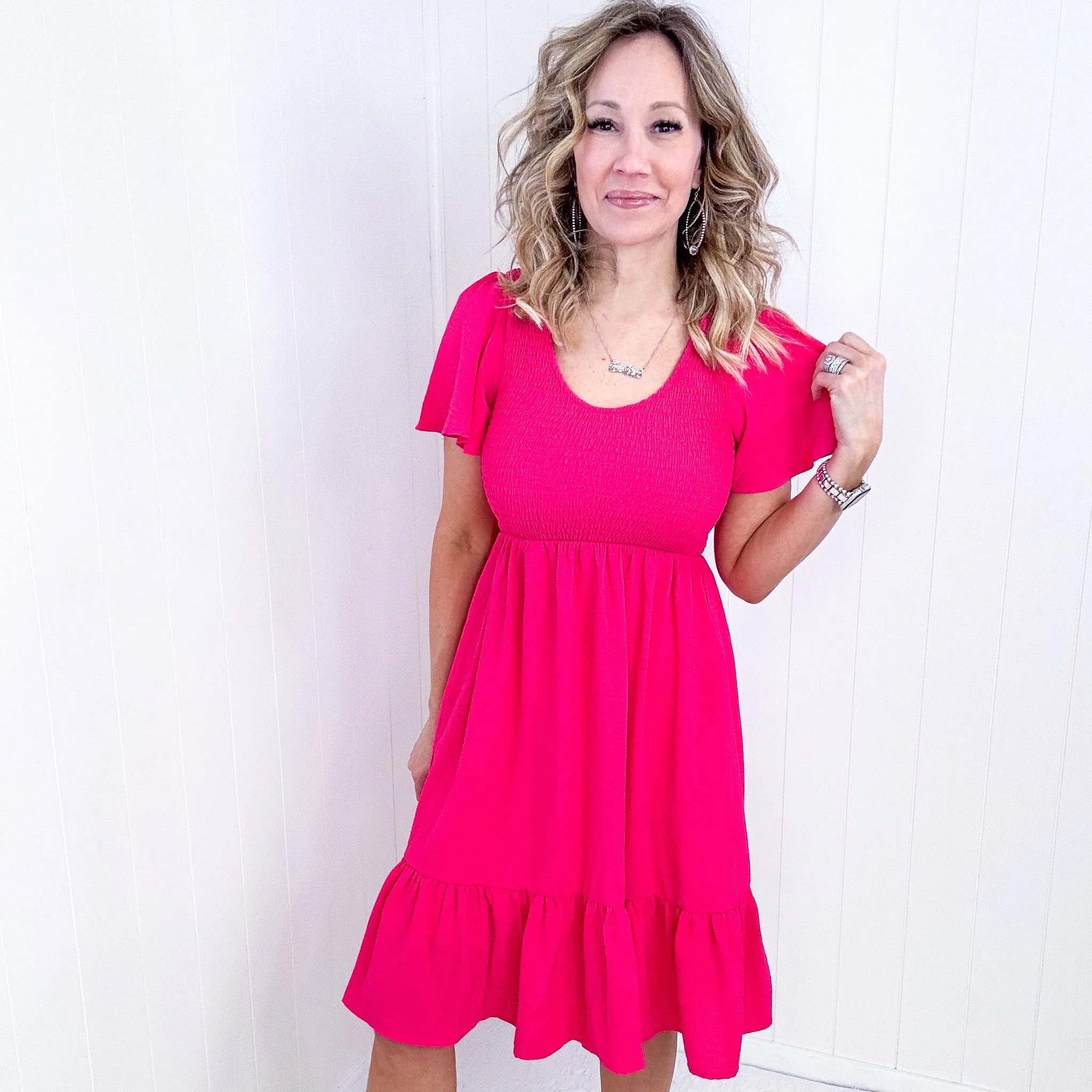 Fuchsia Smocked Fit and Flare Flutter Sleeve Dress