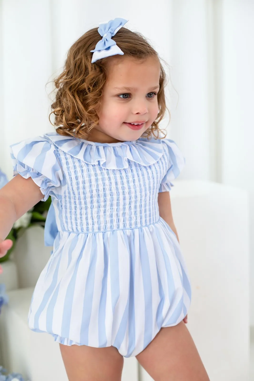 Girls Blue Stripe Smocked Romper