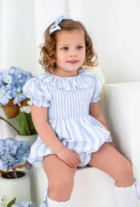 Girls Blue Stripe Smocked Romper