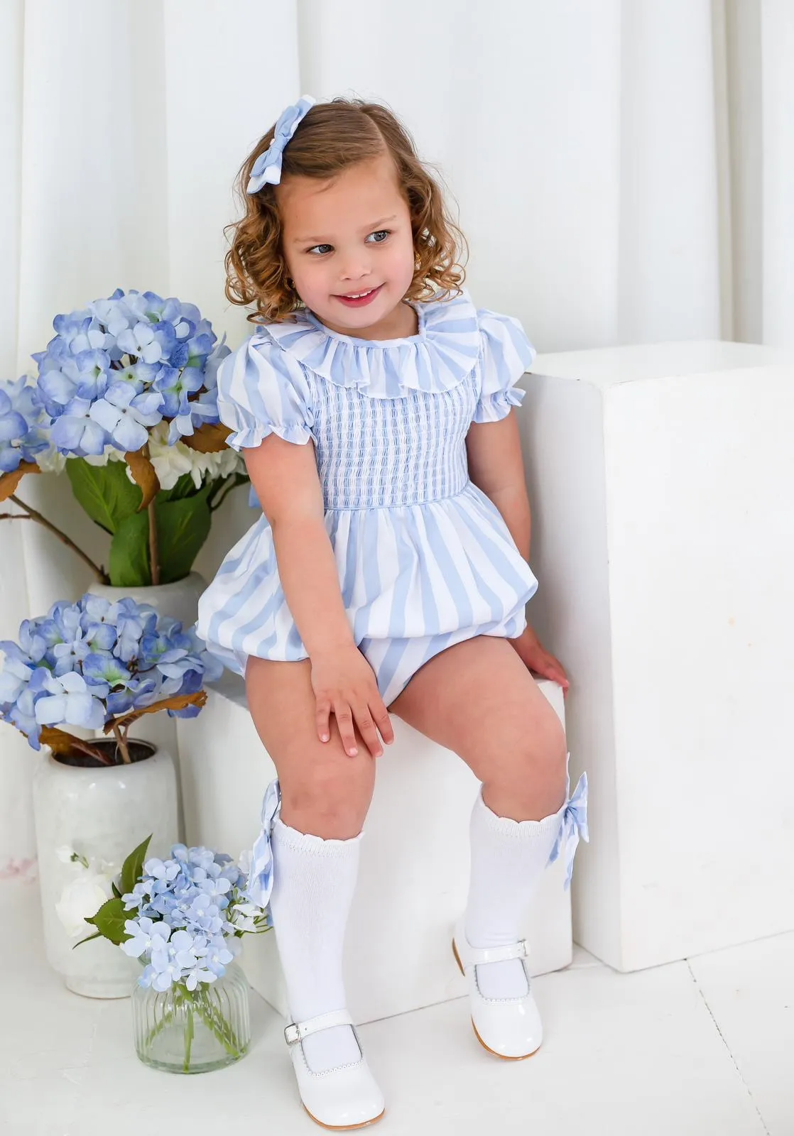 Girls Blue Stripe Smocked Romper