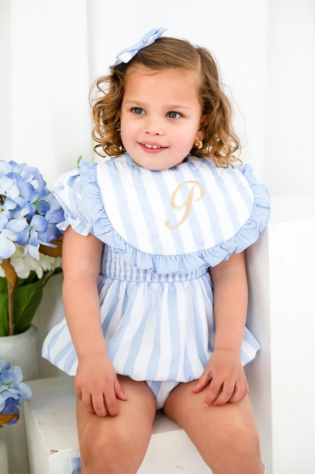 Girls Blue Stripe Smocked Romper