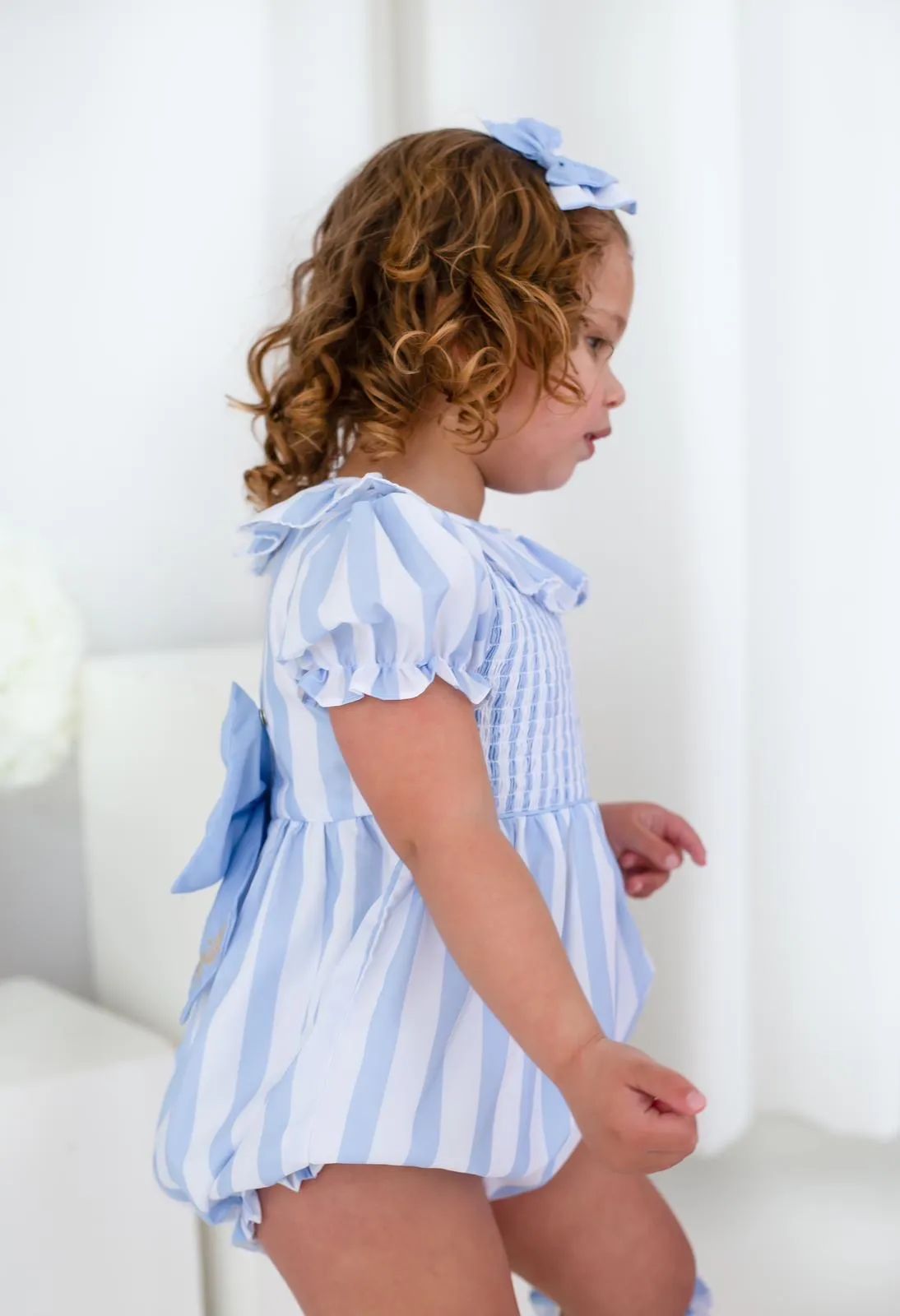 Girls Blue Stripe Smocked Romper