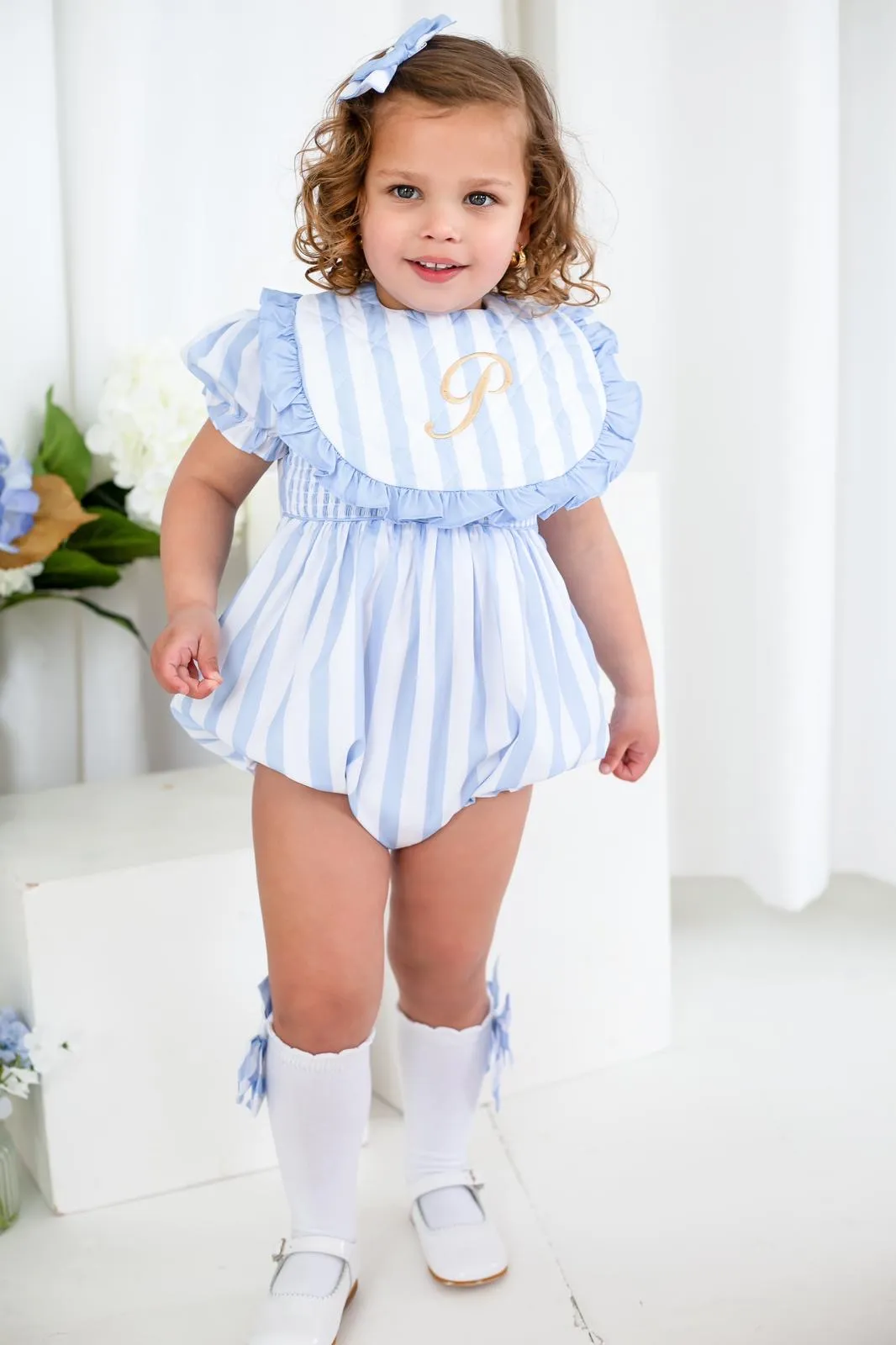 Girls Blue Stripe Smocked Romper