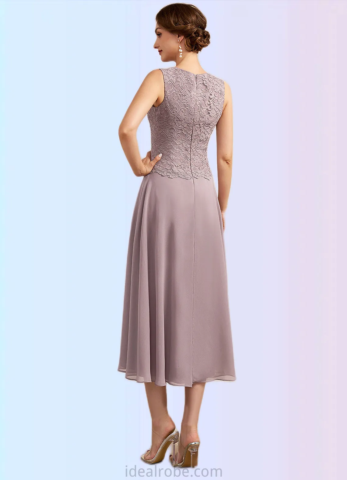 Gladys A-Line Scoop Neck Tea-Length Chiffon Lace Mother of the Bride Dress STK126P0014633