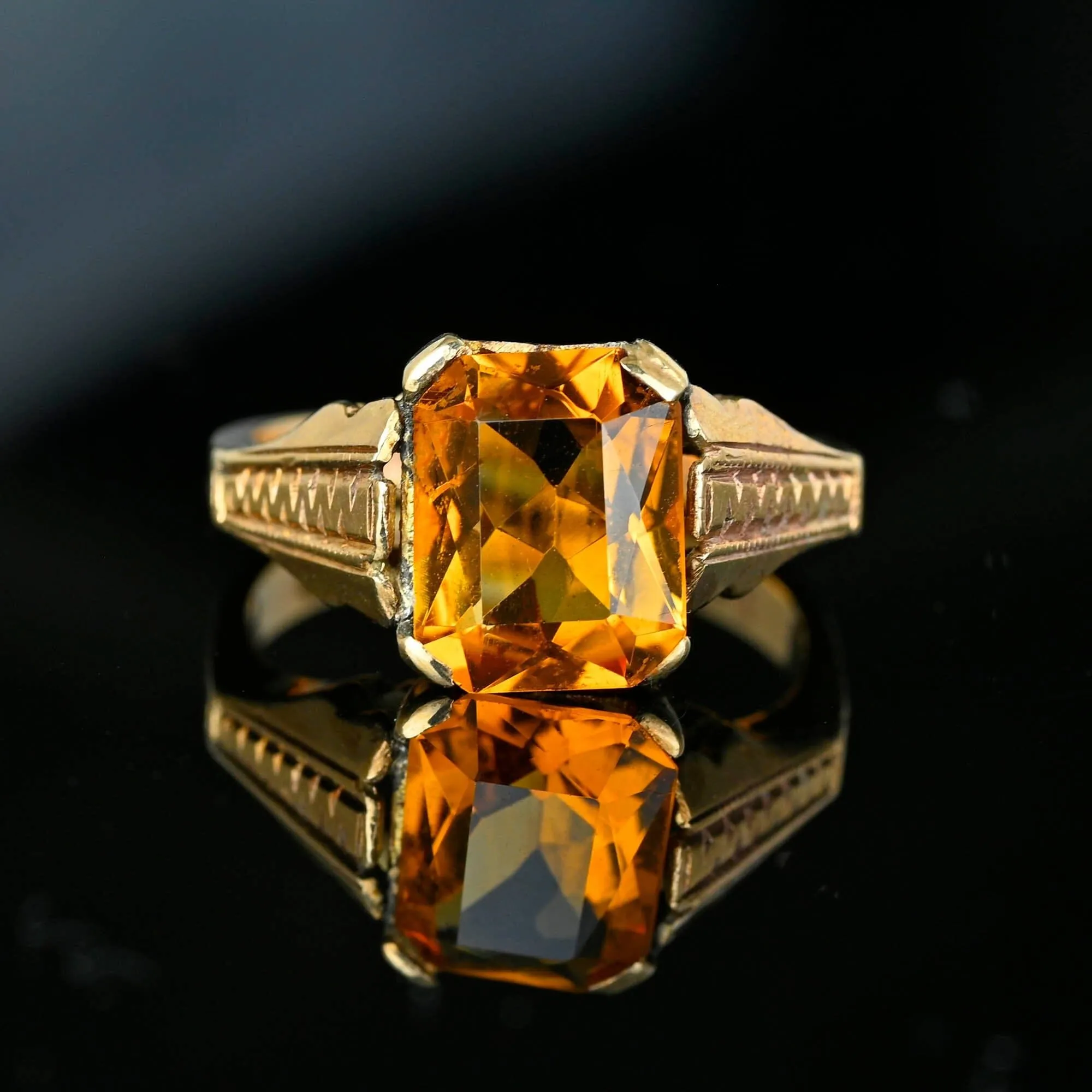 Gold Zig Zag Rectangle Cushion Cut Citrine Signet Ring