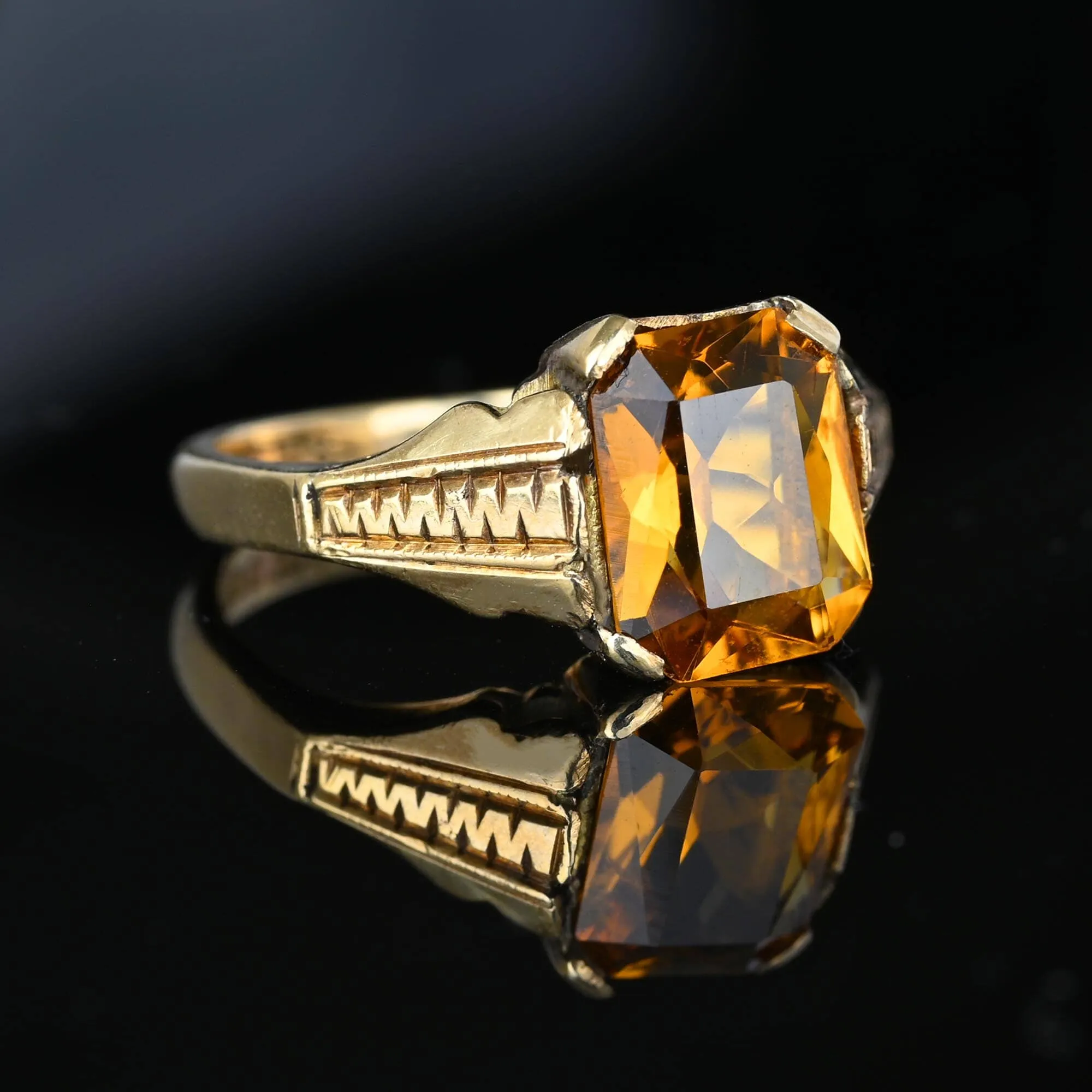 Gold Zig Zag Rectangle Cushion Cut Citrine Signet Ring