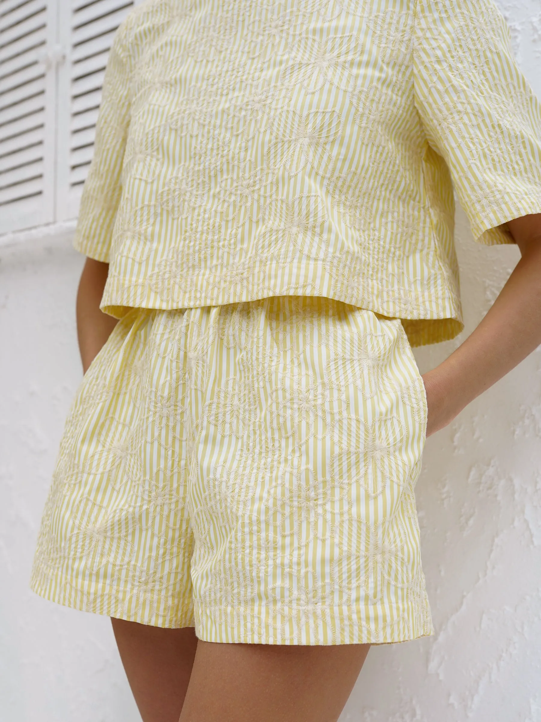 Kendal Embroidered Stripe Cotton Top | Lemon