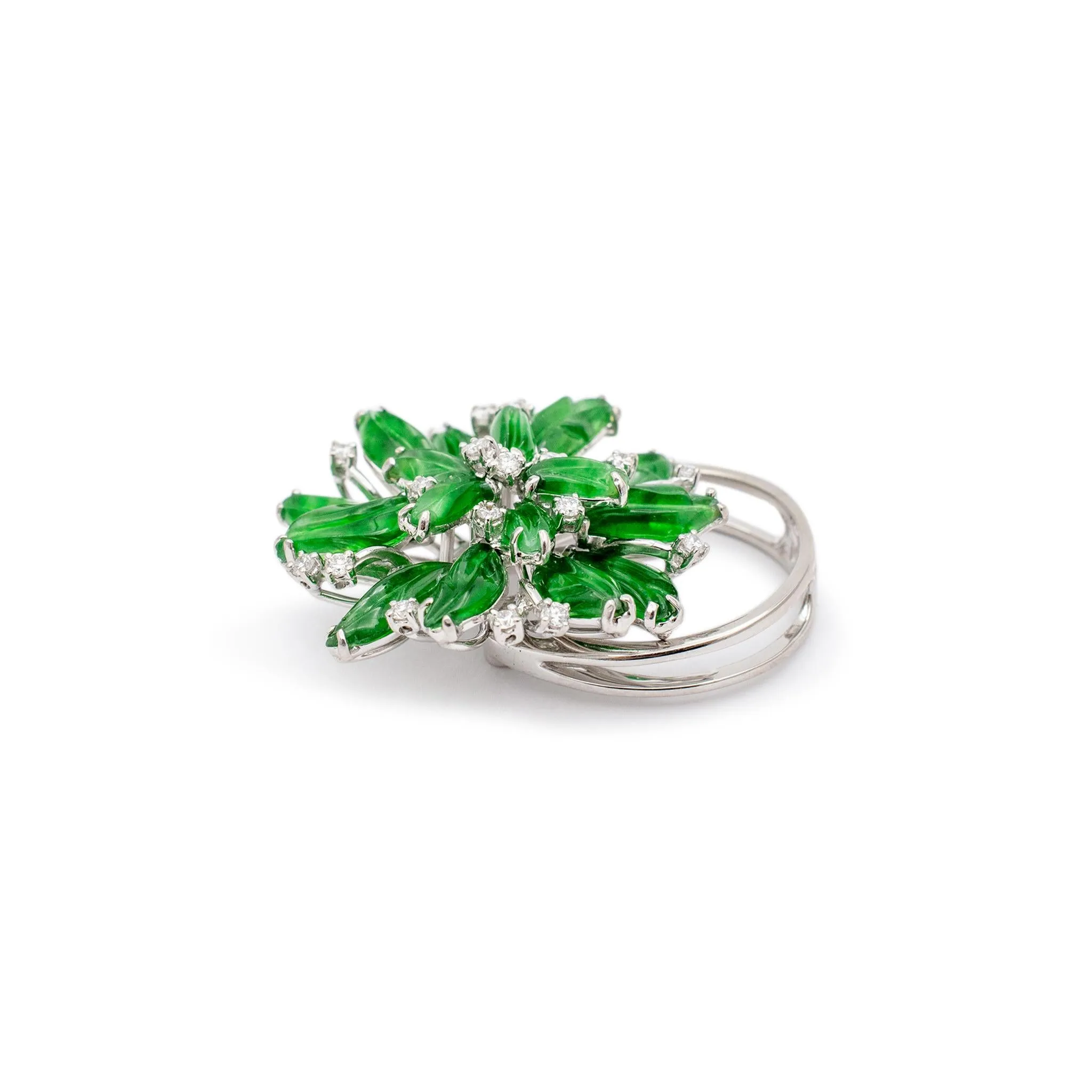 Ladies 18K White Gold Leaf Shaped Jade & Round Diamond Cocktail Ring/Pendant