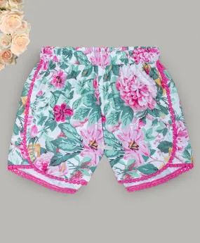 Large floral print shorts with contrast pink lace along seams-White / Green