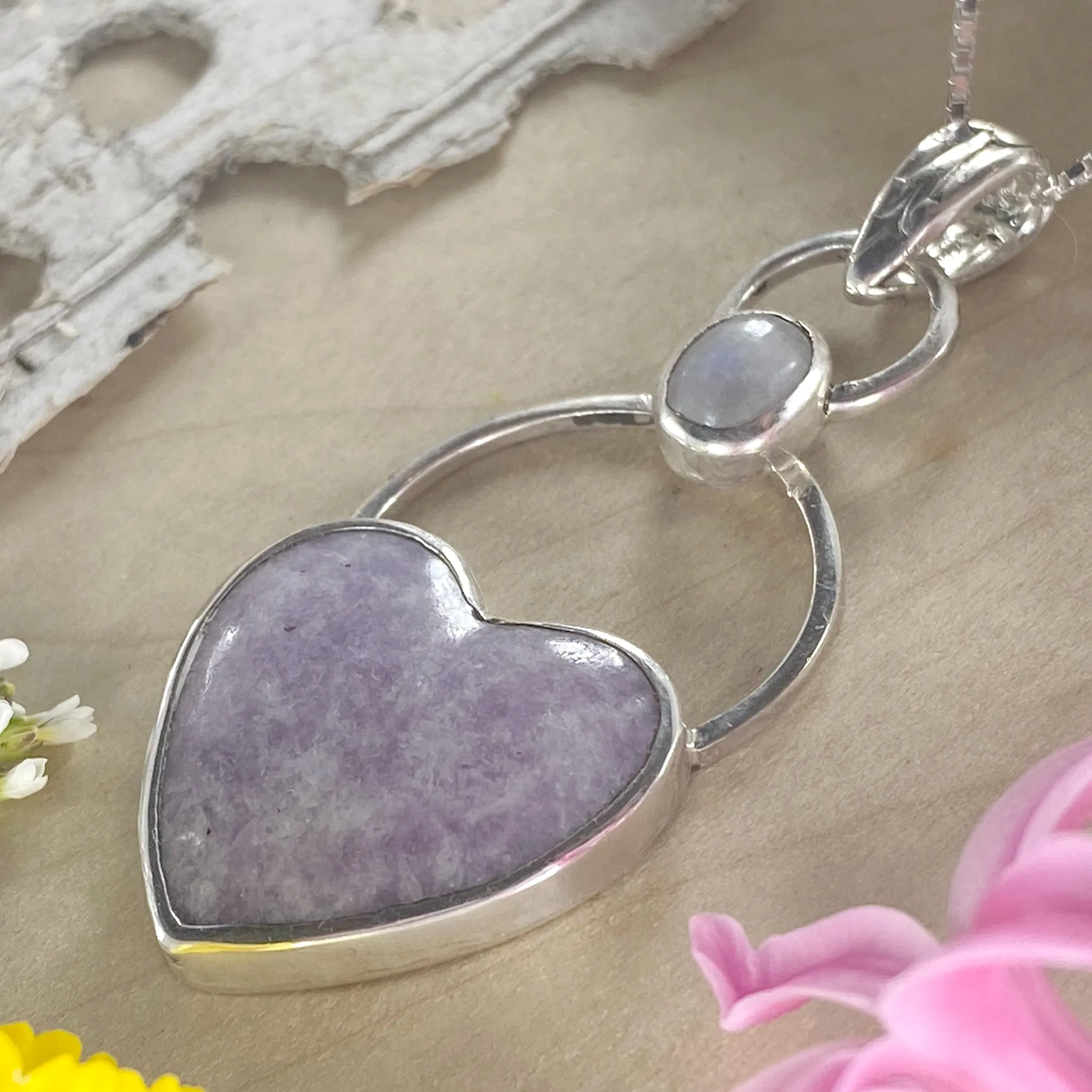 Lepidolite Heart and Moonstone Pendant Necklace