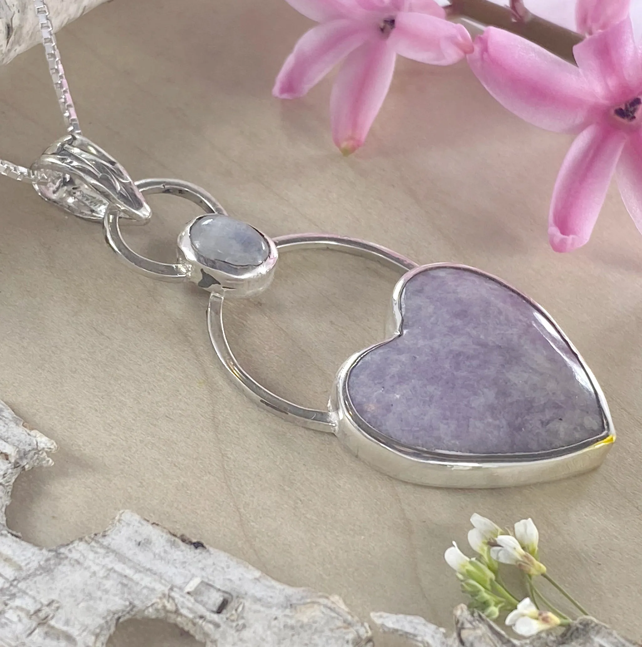 Lepidolite Heart and Moonstone Pendant Necklace