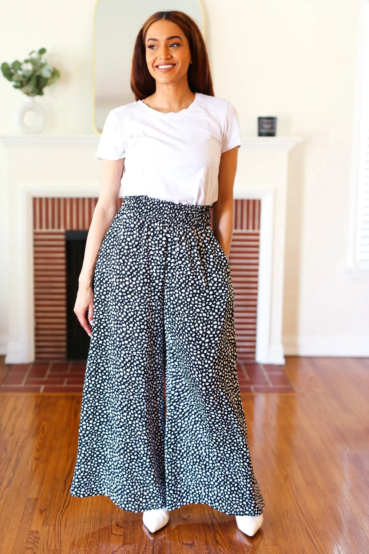 Let's Meet Up Black Animal Print Smocked Waist Palazzo Pants (Shipping in 1-2 Weeks)