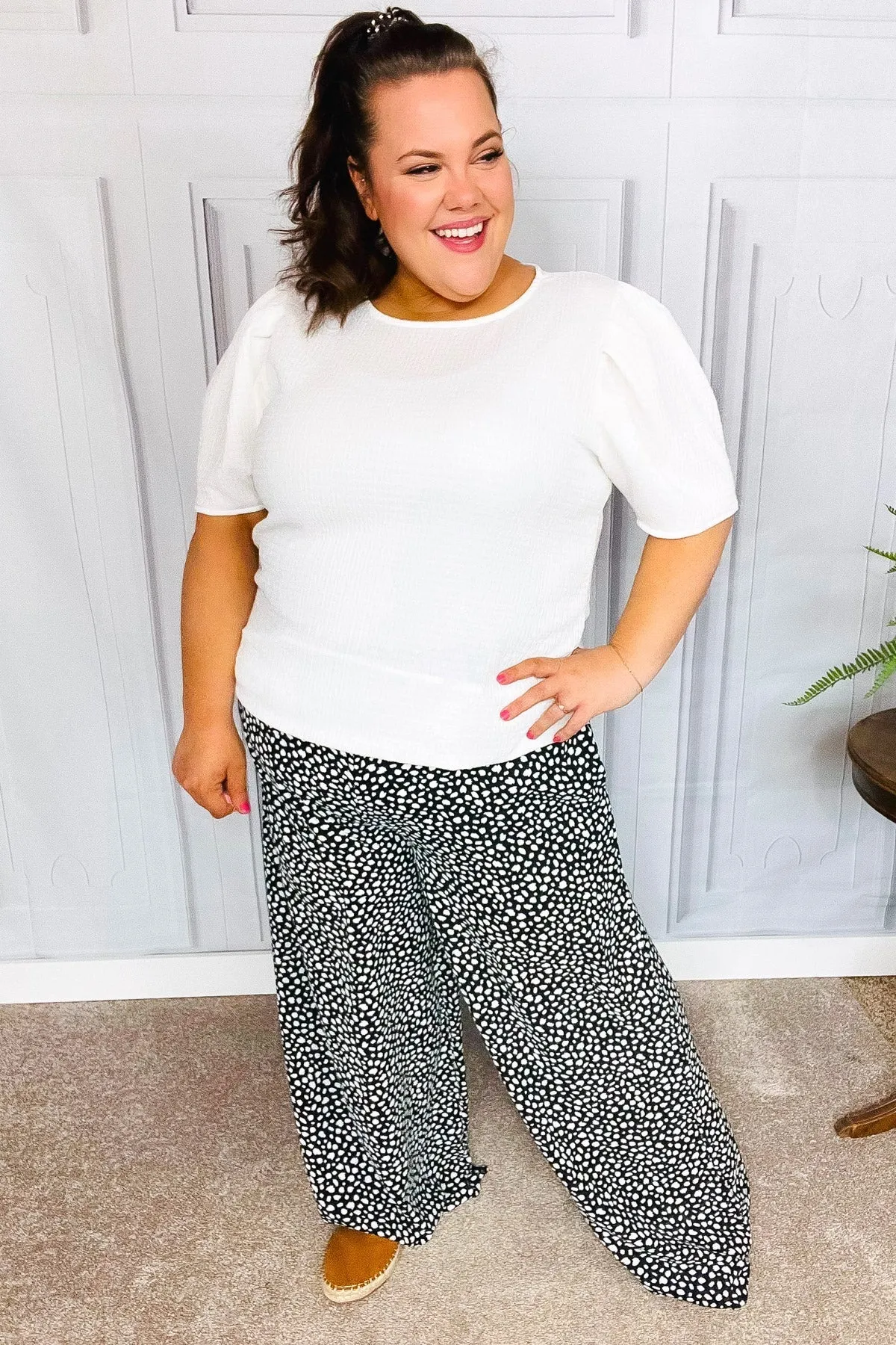 Let's Meet Up Black Animal Print Smocked Waist Palazzo Pants (Shipping in 1-2 Weeks)