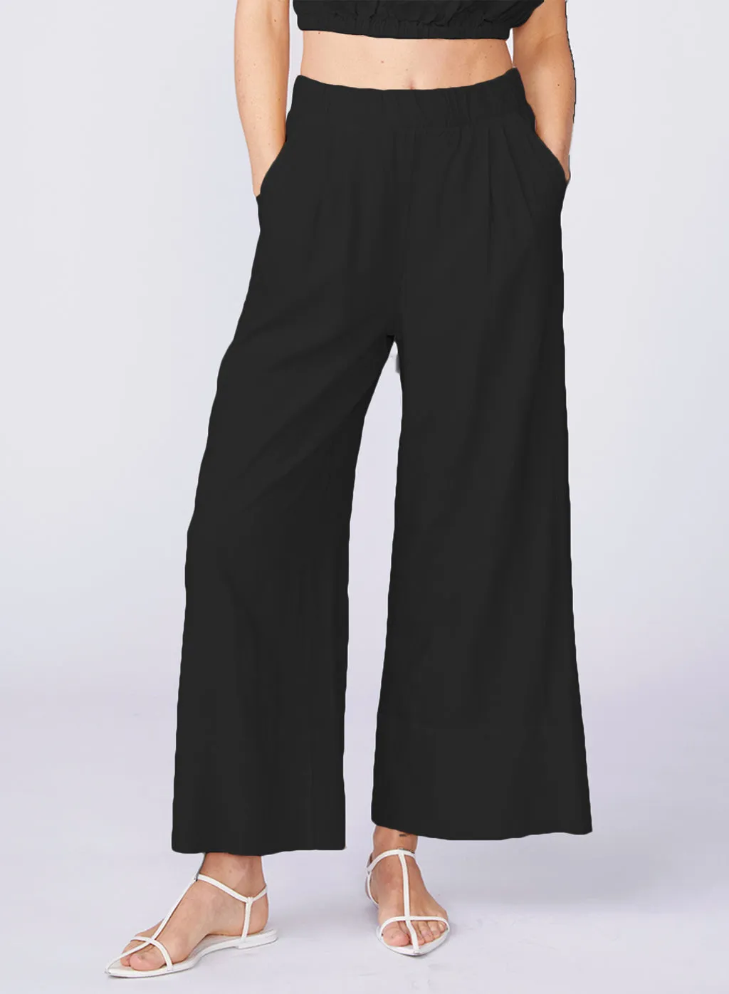 Linen Wide Leg Pull-On Pant in Black