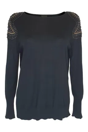 MADELEINE Black Virgin Wool Beaded Shoulder Long Sleeve Jumper (UK 14)