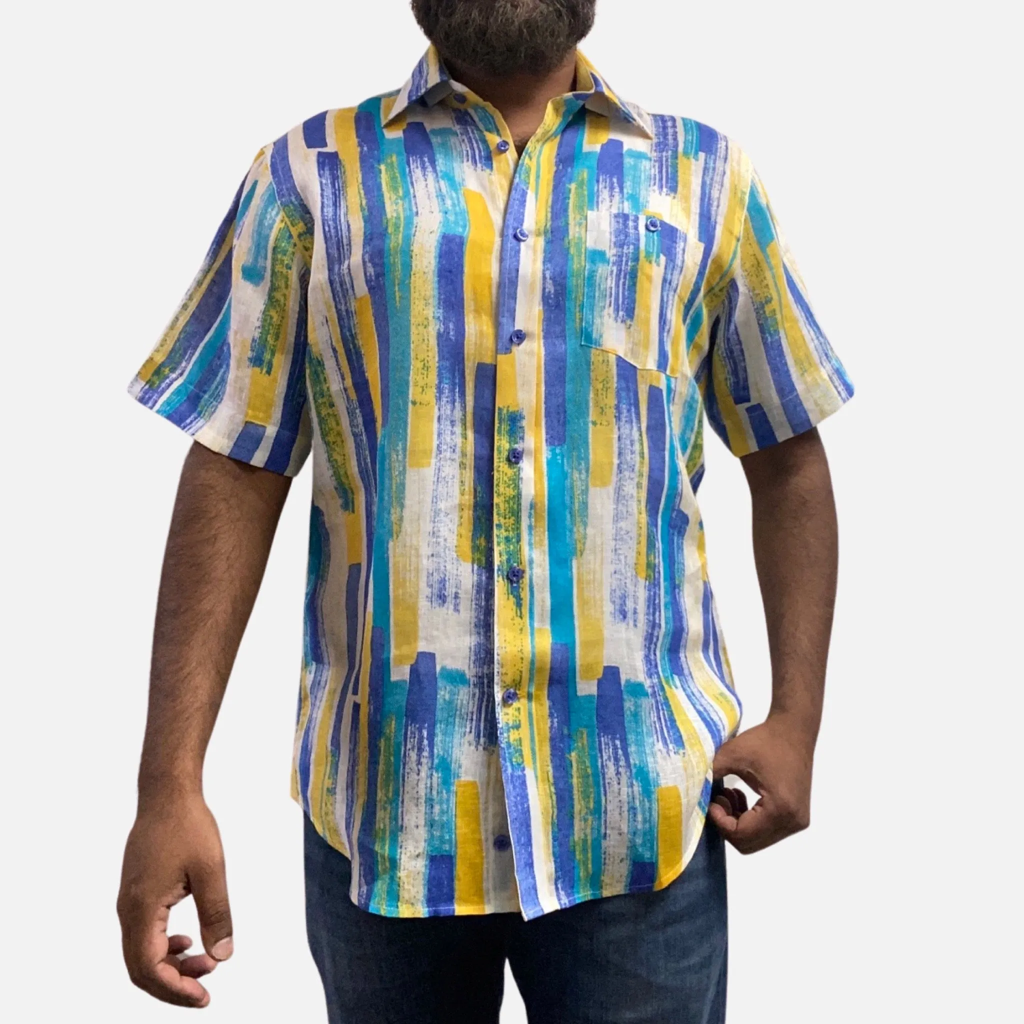 Men’s 100% Linen Casual Summer White Multi Shirt