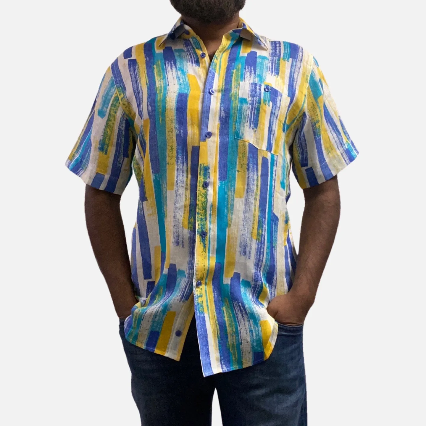 Men’s 100% Linen Casual Summer White Multi Shirt