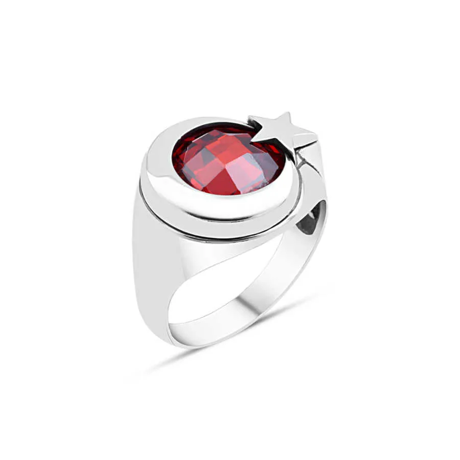 Moon and Star Symbol Around Facet Cut Small Circle Red Zircon Stone Silver Men's Ring