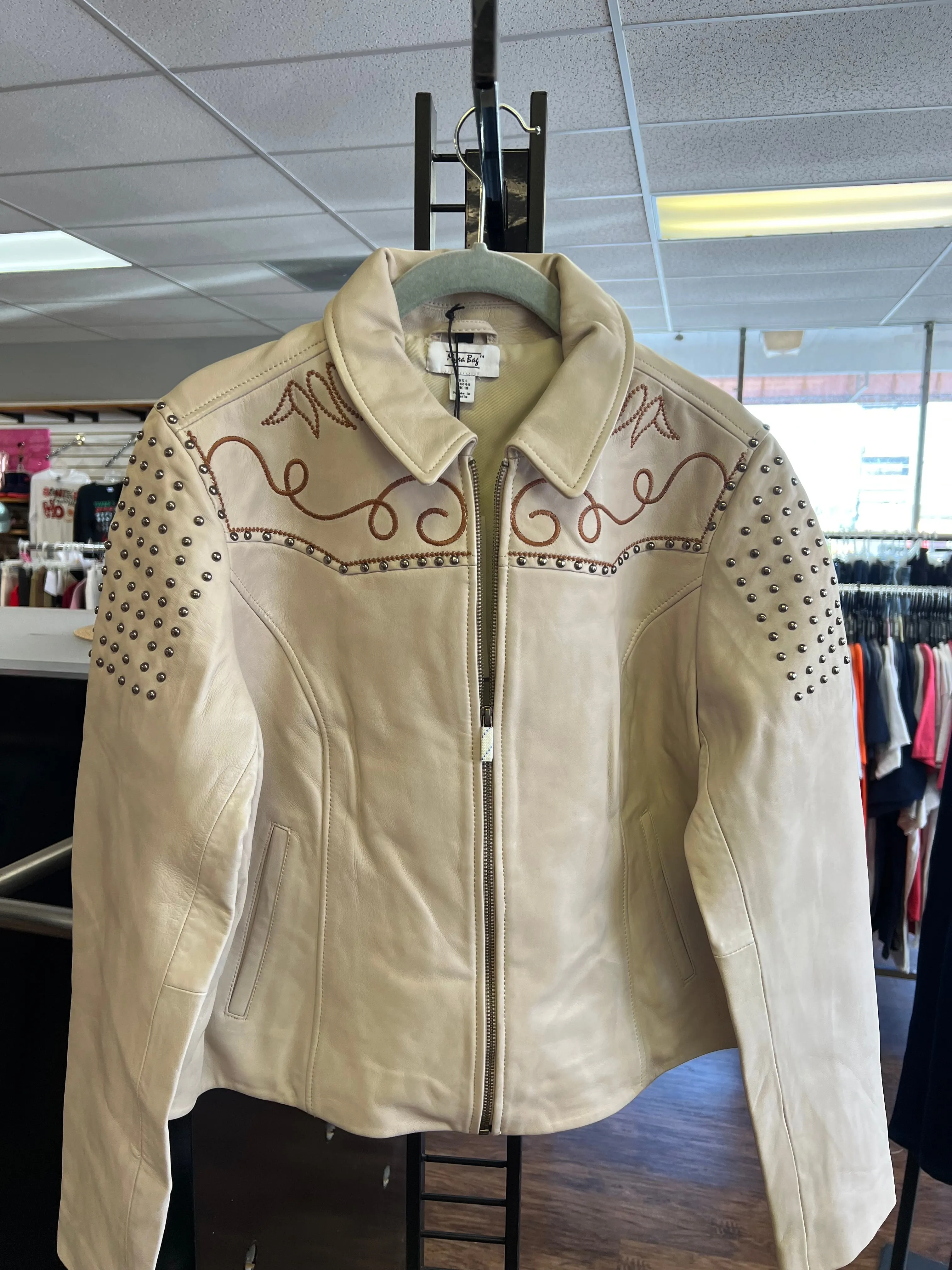 Myra Bag Beige Embroidered Studded LEATHER JACKET Size L