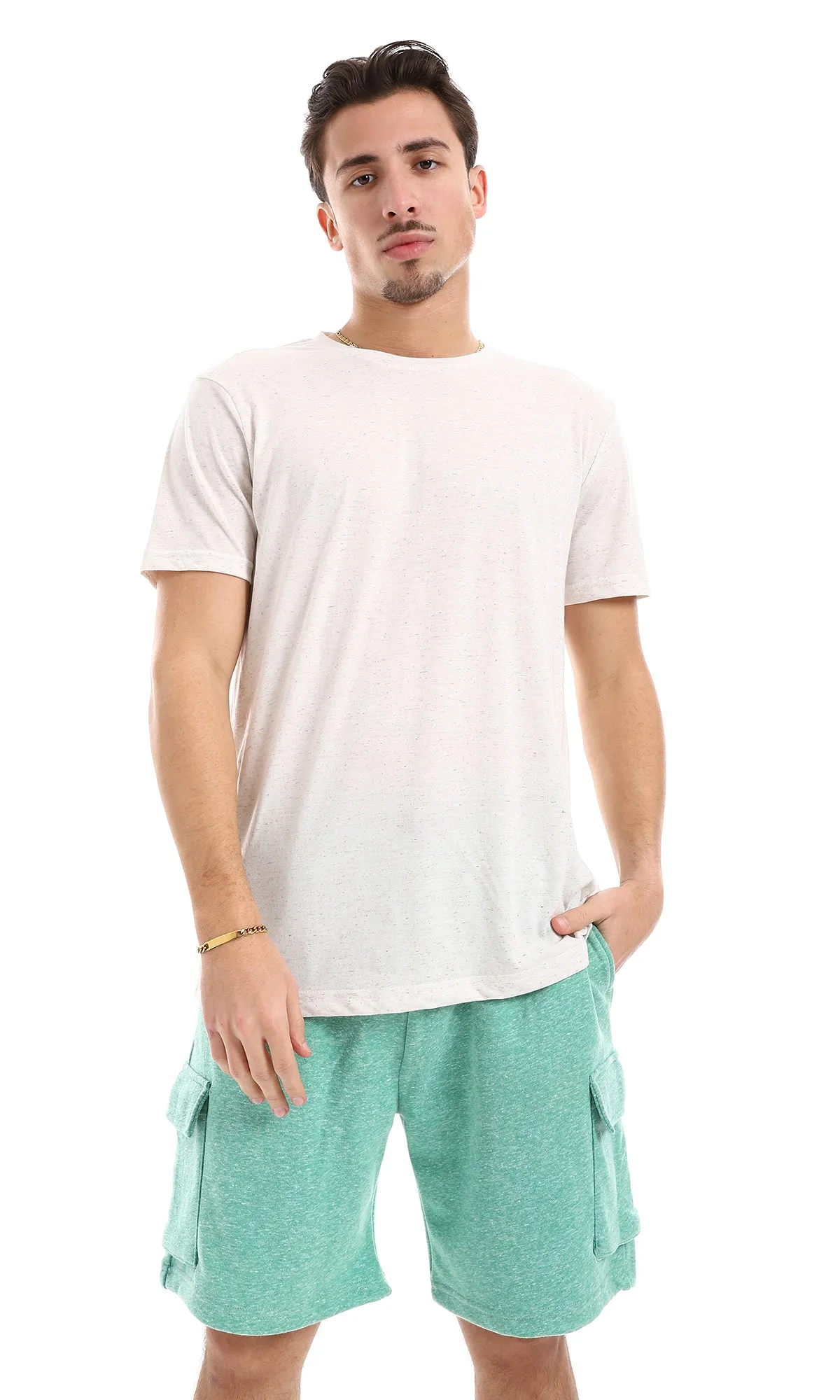 O164018 Heather Off-White Slip On Hips Length Cotton Men Tee