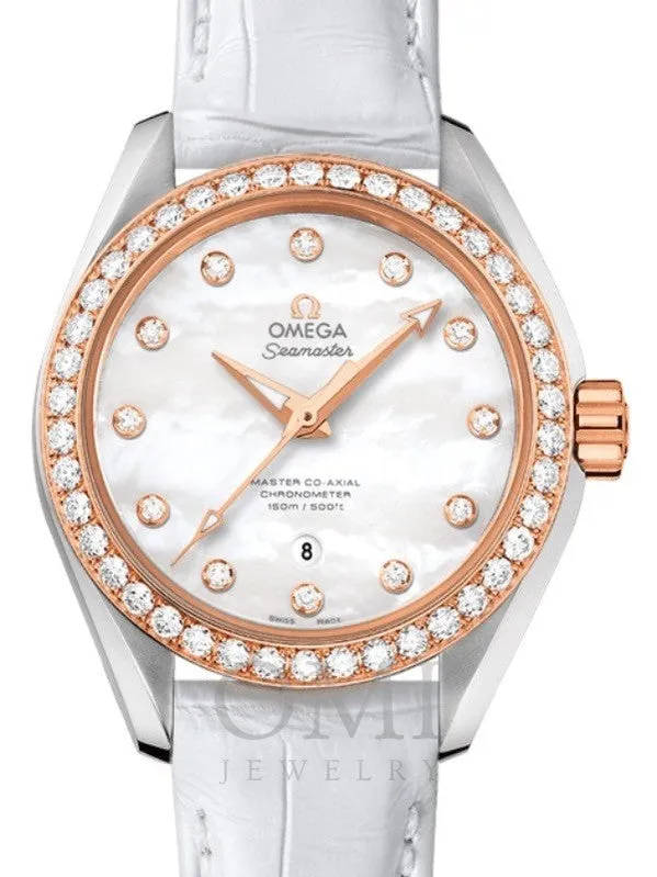 OMEGA SEAMASTER AQUA TERRA 150M MASTER CO-AXIAL CHRONOMETER 34MM STAINLESS STEEL SEDNA GOLD DIAMOND BEZEL WHITE MOTHER OF PEARL DIAL DIAMOND SET INDEX 231.28.34.20.55.003 WITH ALLIGATOR LEATHER STRAP