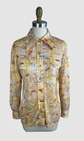 PIERRE FOSHEY 70s Deadstock City Print Polyester Disco Shirt  Medium