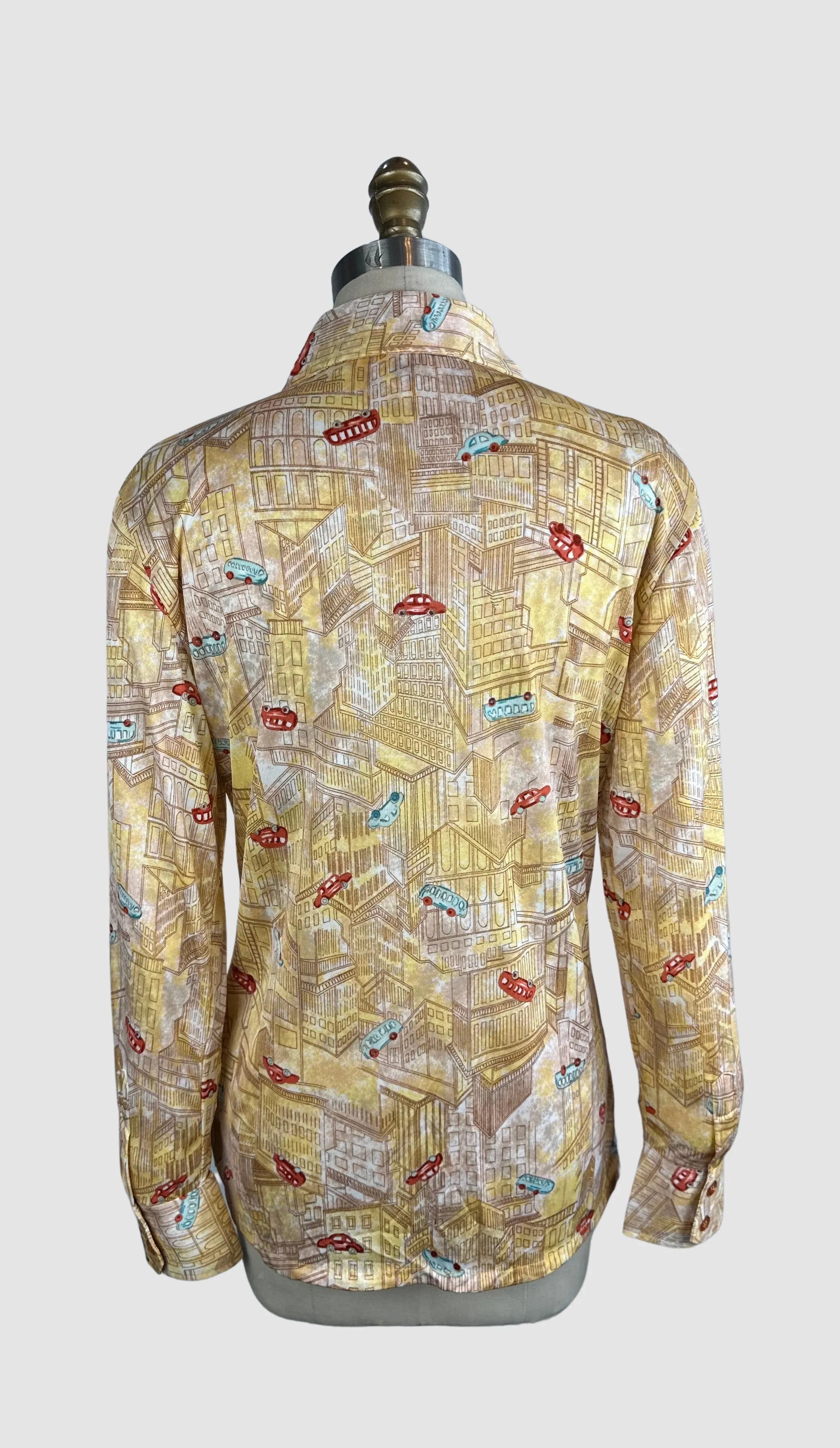 PIERRE FOSHEY 70s Deadstock City Print Polyester Disco Shirt  Medium