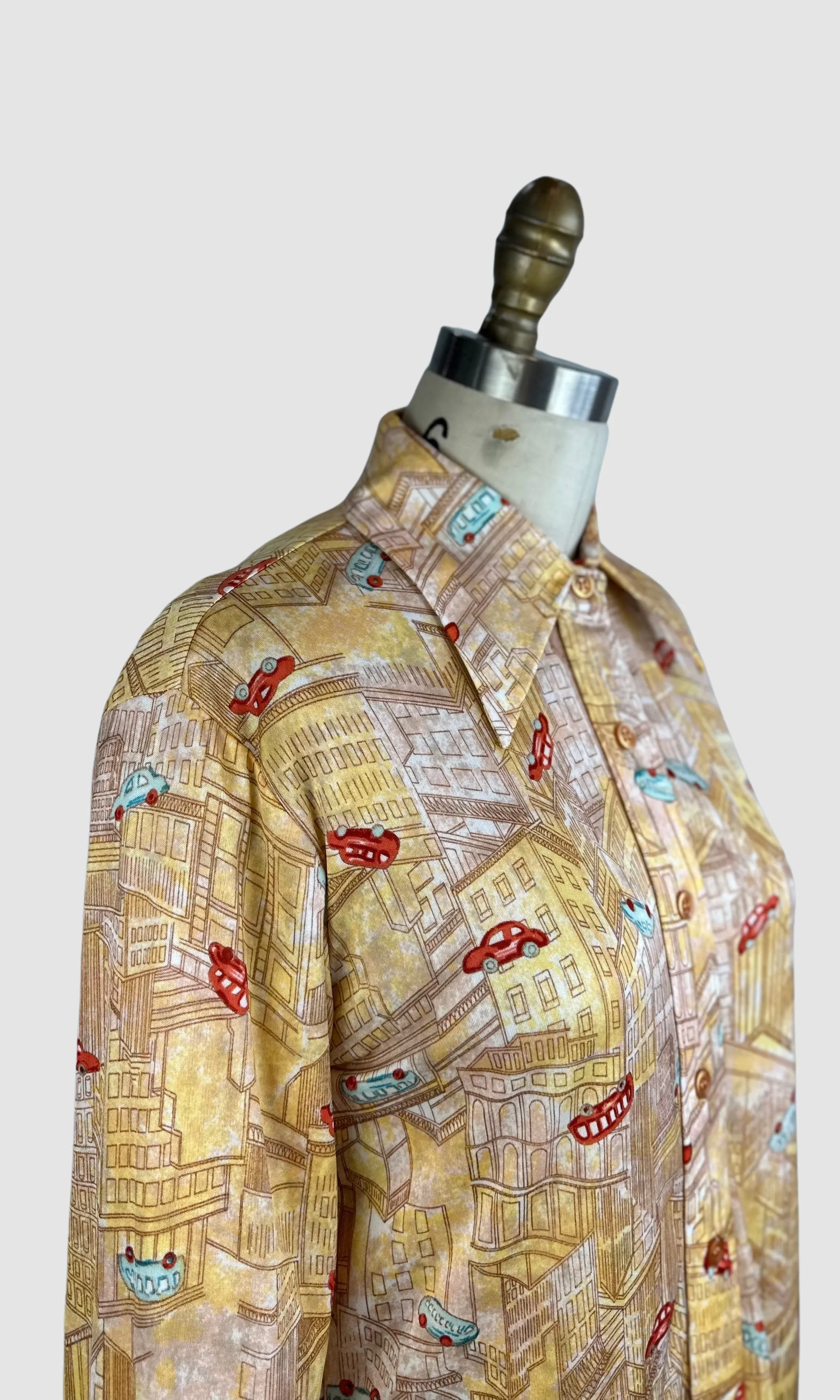 PIERRE FOSHEY 70s Deadstock City Print Polyester Disco Shirt  Medium