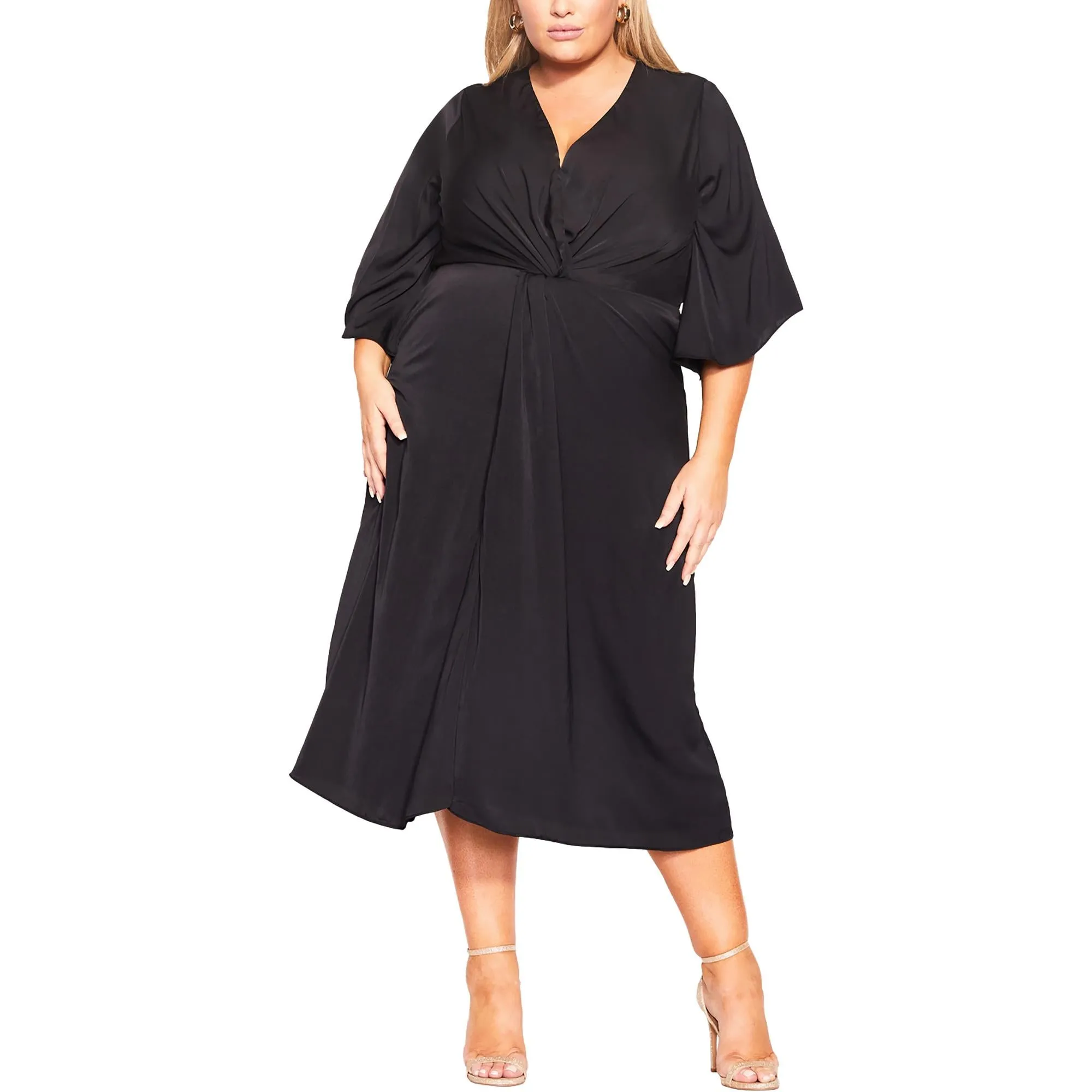 Plus Womens Flare Sleeve V-Neck Midi Dress