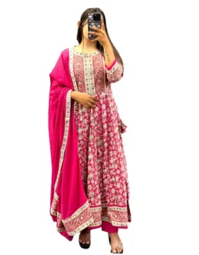 Red Saganeri Print Cotton Anarkali Suit Set