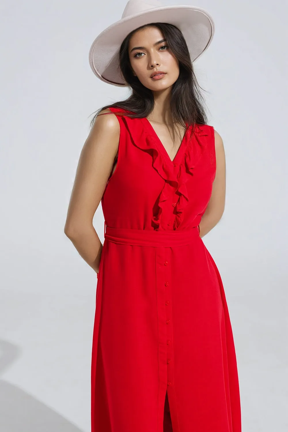 Red Sleeveless Midi Dress