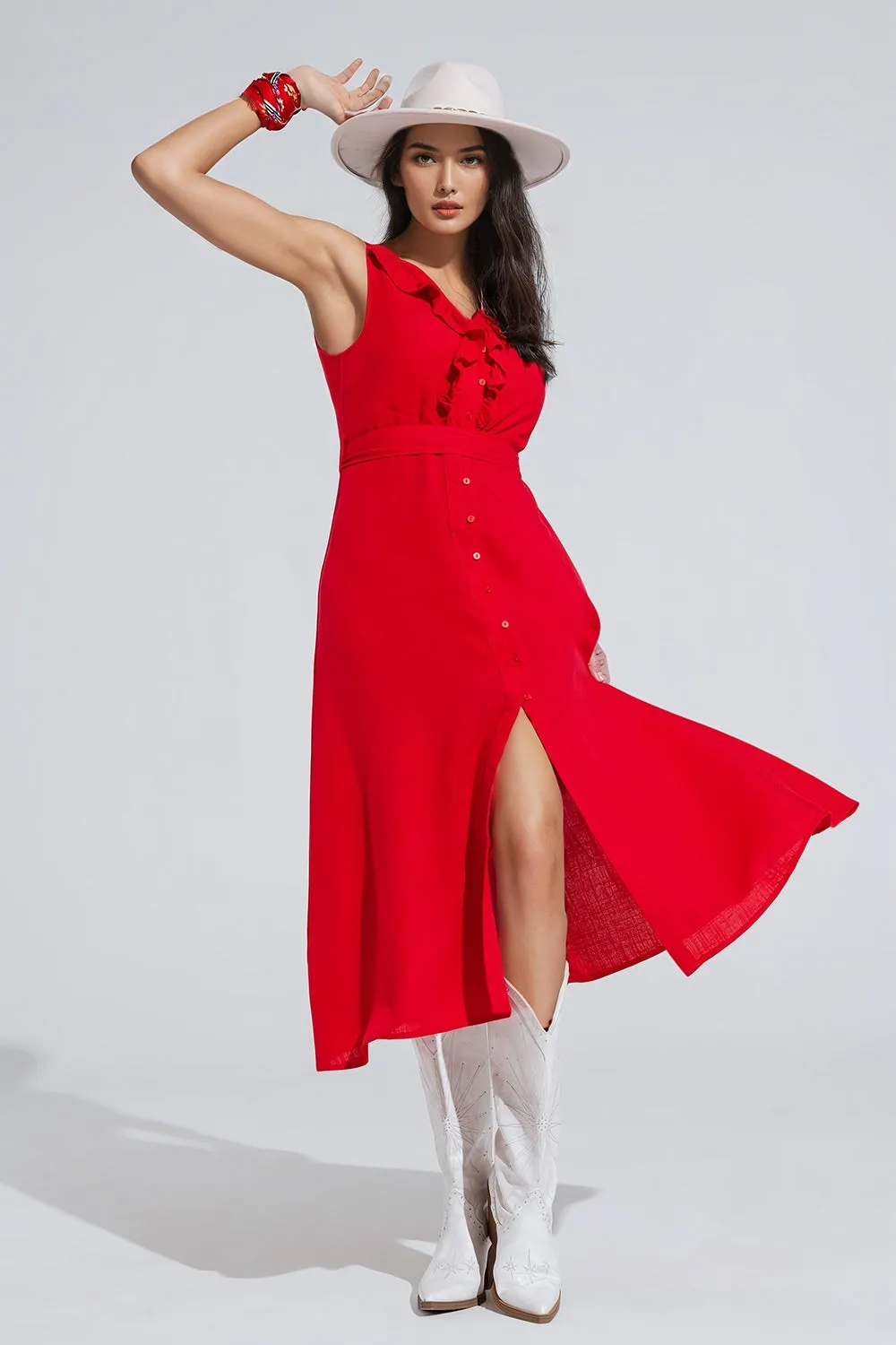 Red Sleeveless Midi Dress