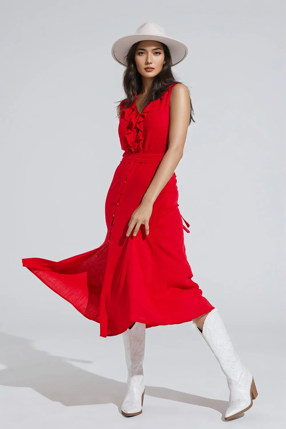 Red Sleeveless Midi Dress