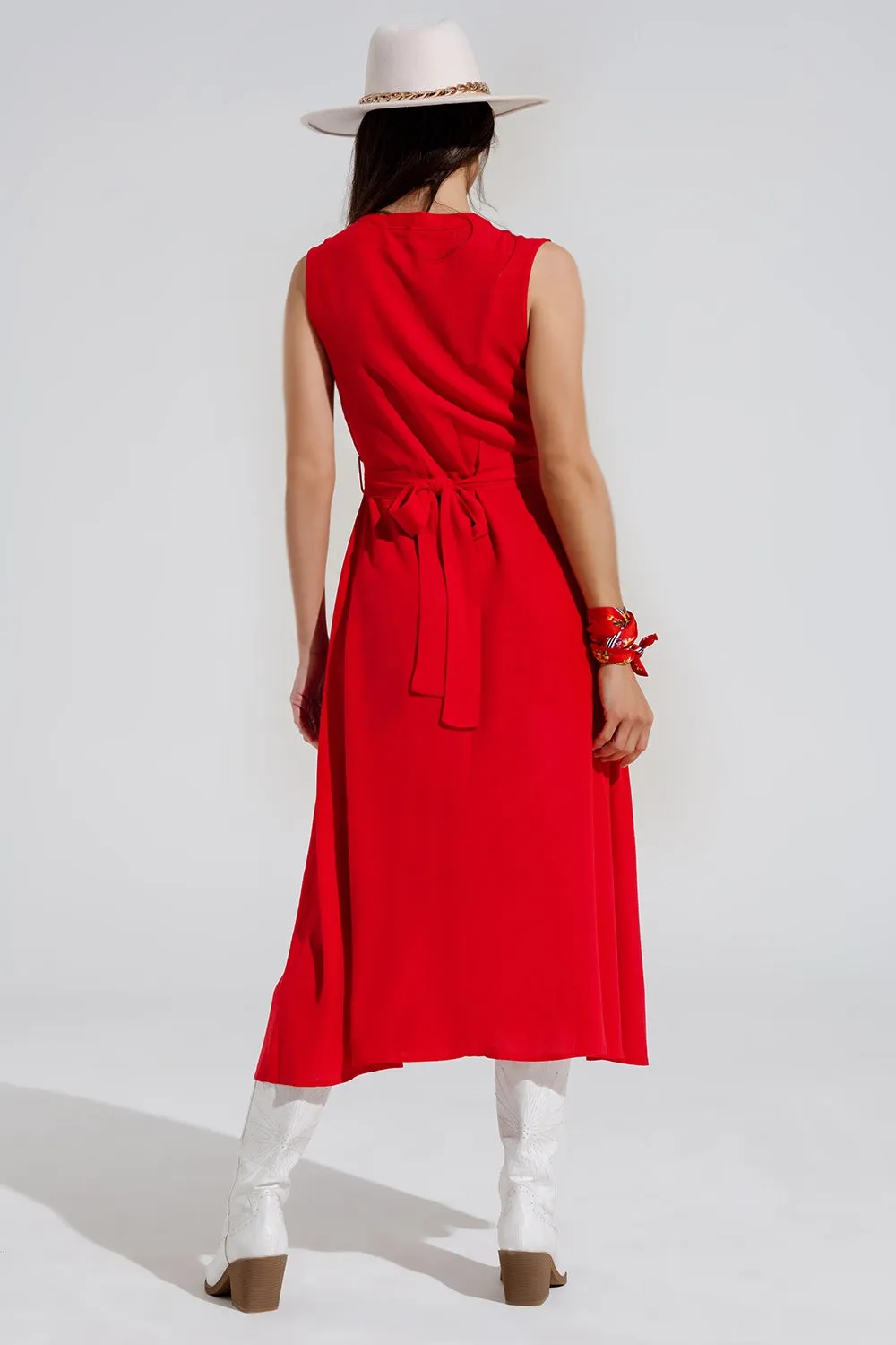 Red Sleeveless Midi Dress