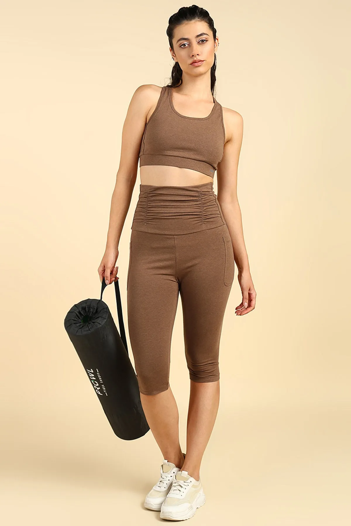 Ruched Cotton Melange Brown Maternity Capri (Pregnancy & Postpartum)