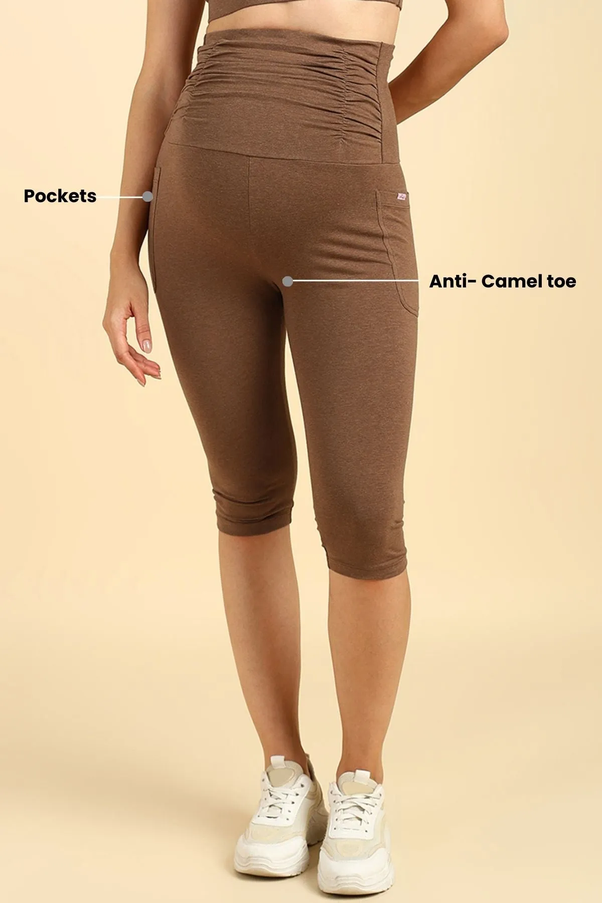 Ruched Cotton Melange Brown Maternity Capri (Pregnancy & Postpartum)