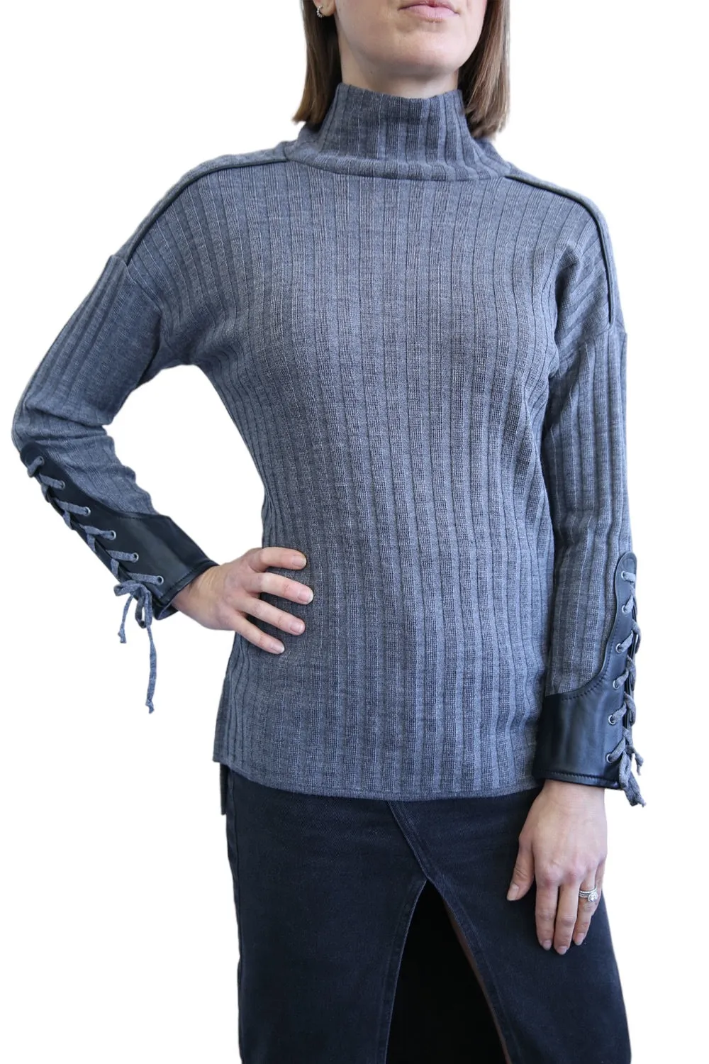 SABATINI LEATHER EYELET LACE-UP CUFF JUMPER GREY