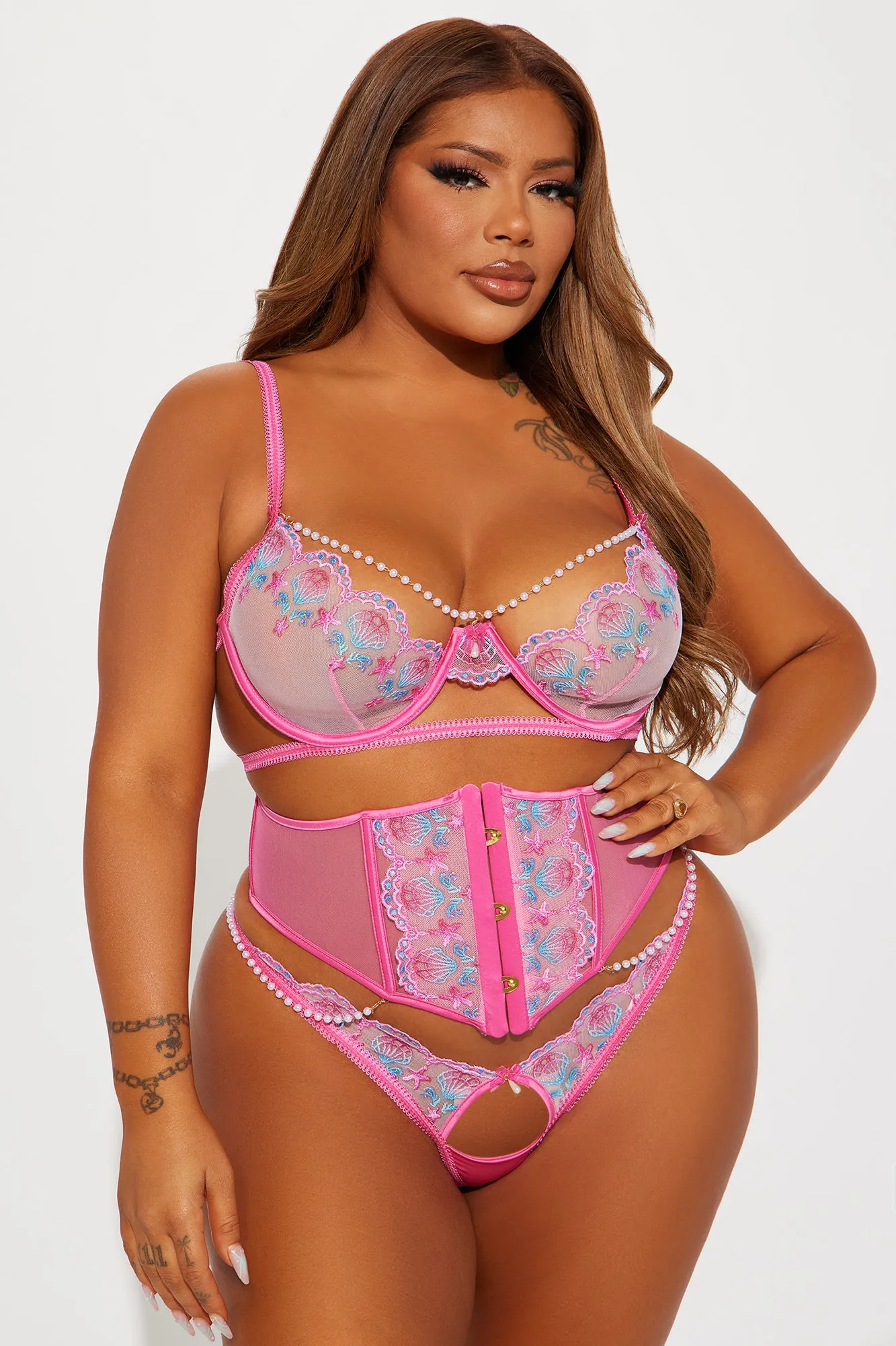 Siren Lust Embroidered Corset Set - Pink/combo