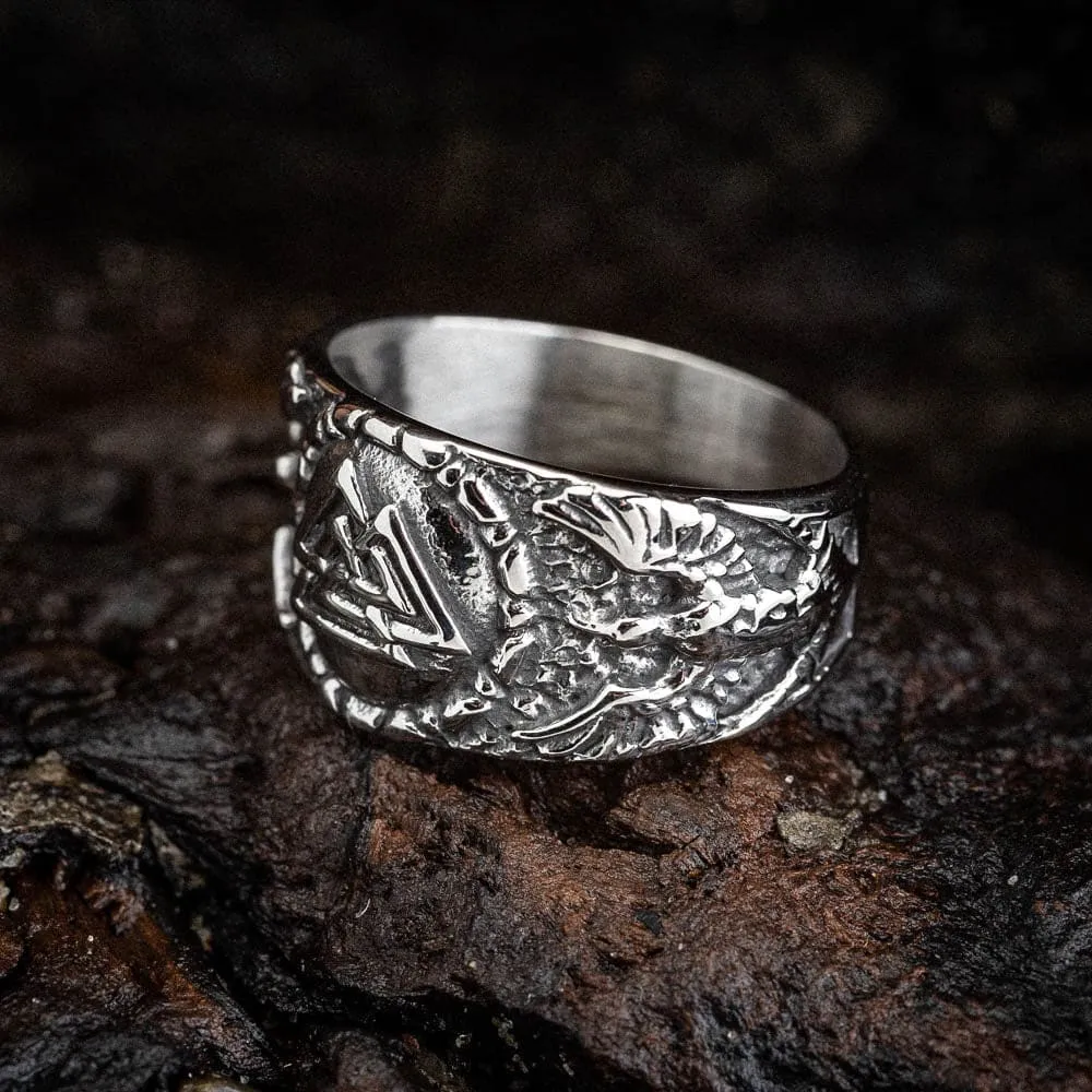 Stainless Steel Valknut and Twin Raven Ring