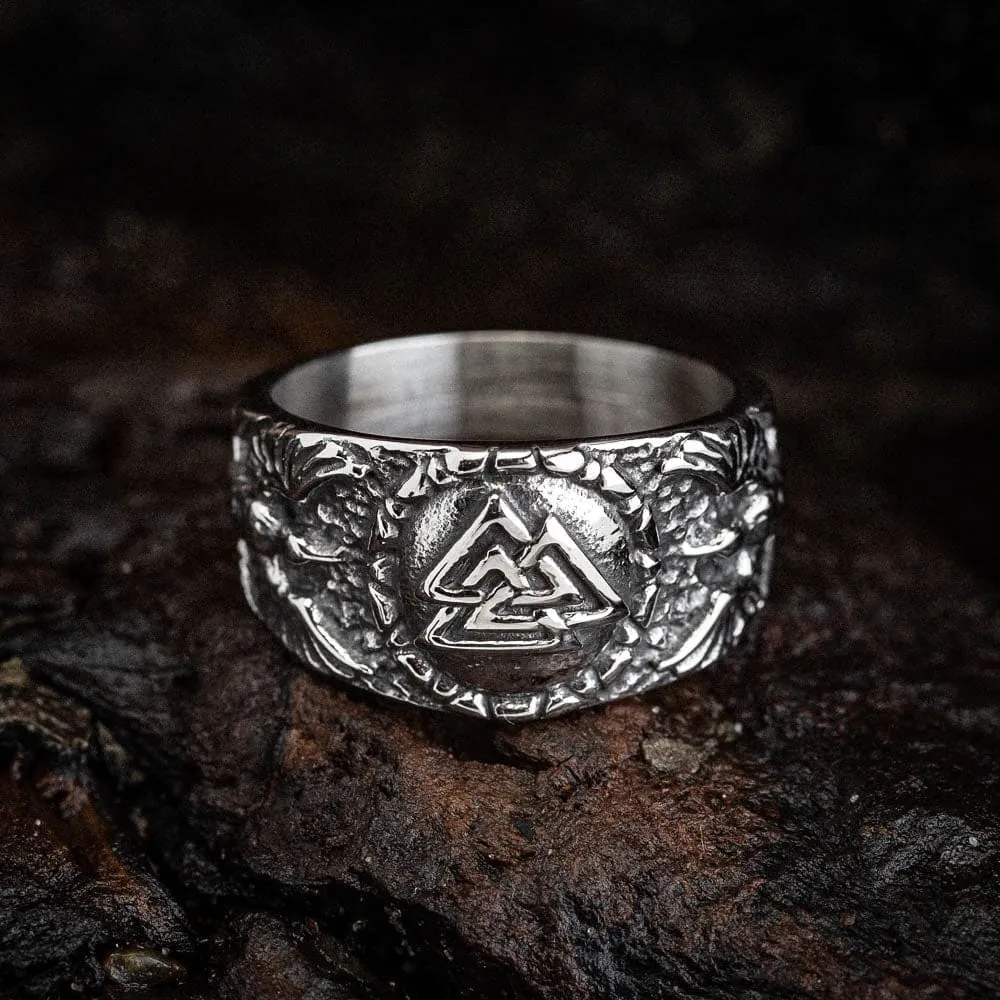 Stainless Steel Valknut and Twin Raven Ring