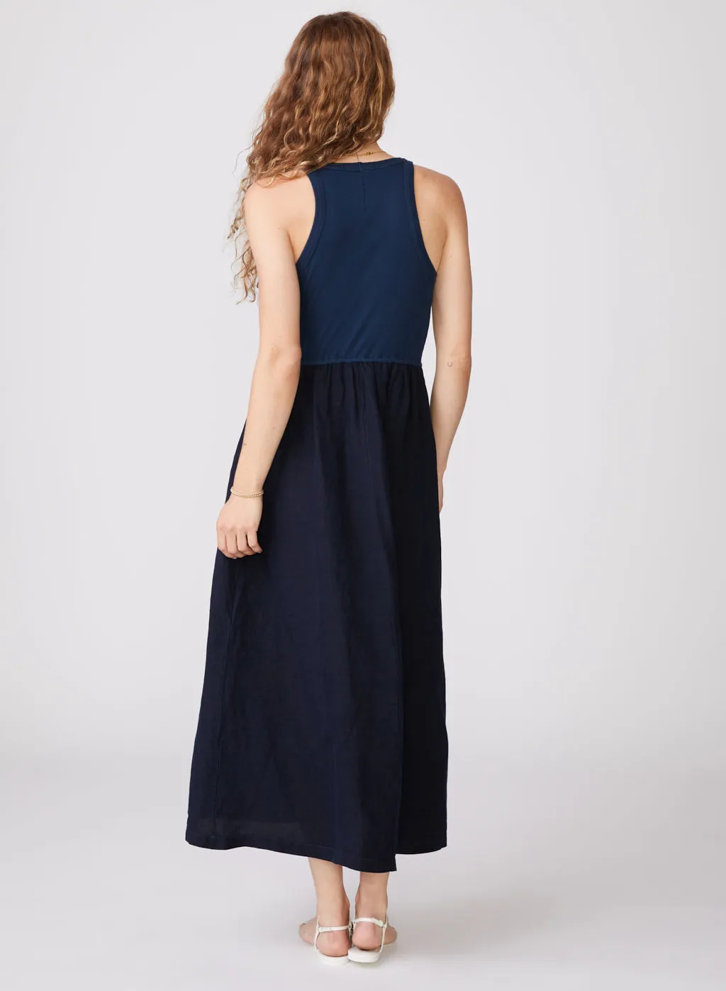 Stateside Linen Mixed Media High Neck Dress in New Navy