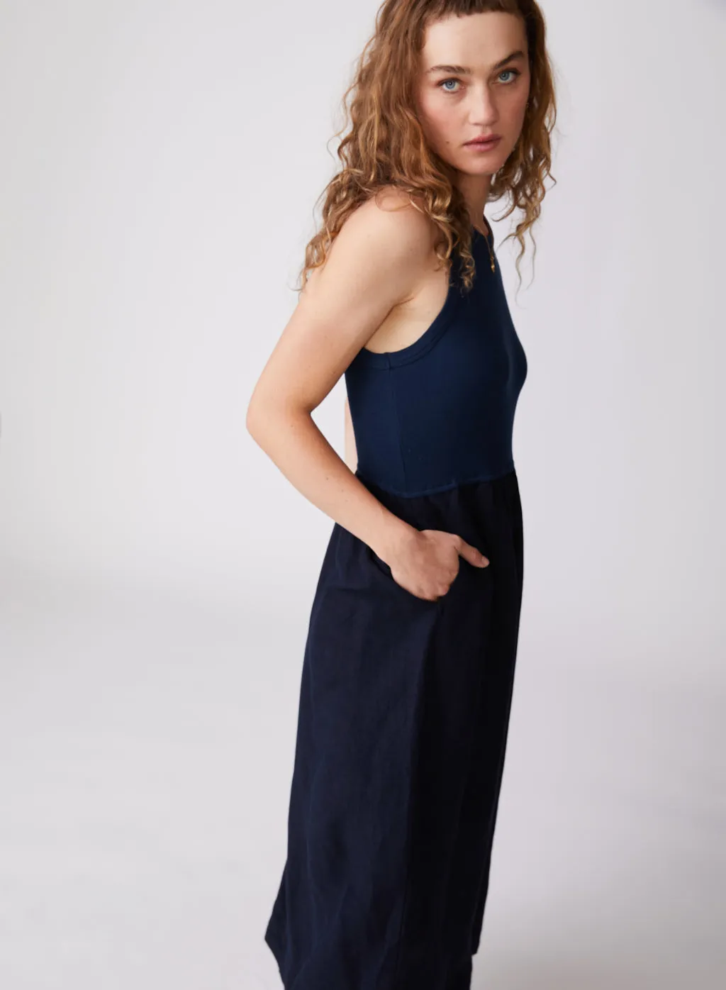 Stateside Linen Mixed Media High Neck Dress in New Navy