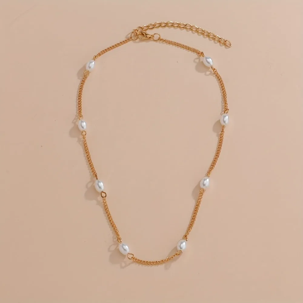 Stylish Alloy Chain Faux Pearl Ladies Necklace Holiday Banquet Prom Ornament