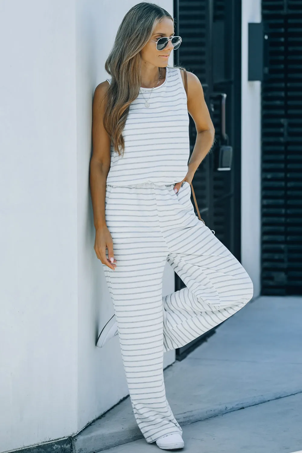 Sunset and Swim Striped Sleeveless Jumpsuit with Pockets