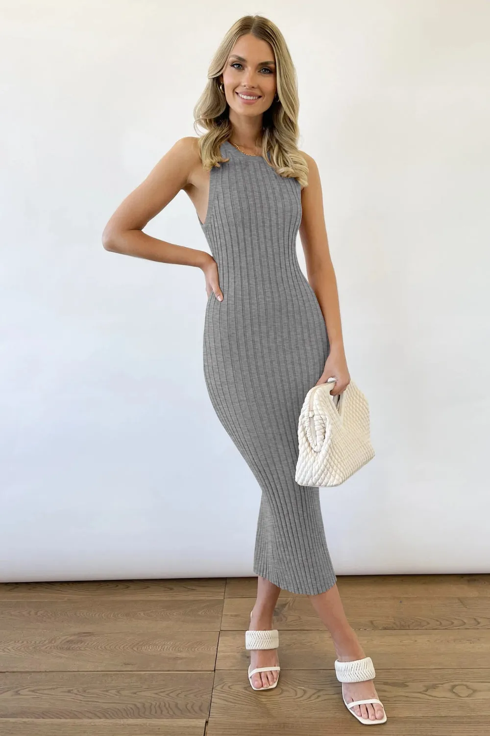 Sunset Vacation Slit Ribbed Round Neck Sleeveless Dress