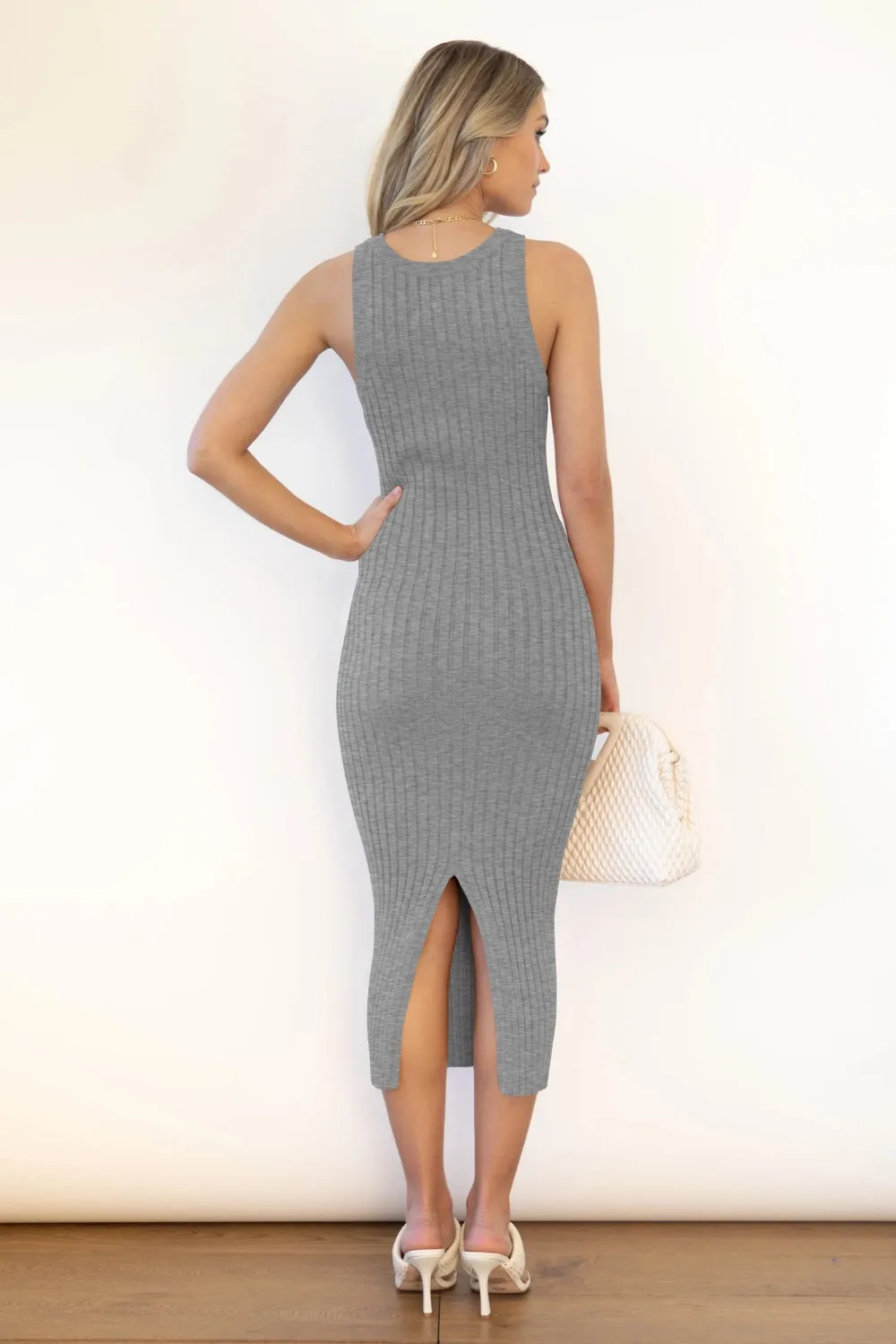 Sunset Vacation Slit Ribbed Round Neck Sleeveless Dress