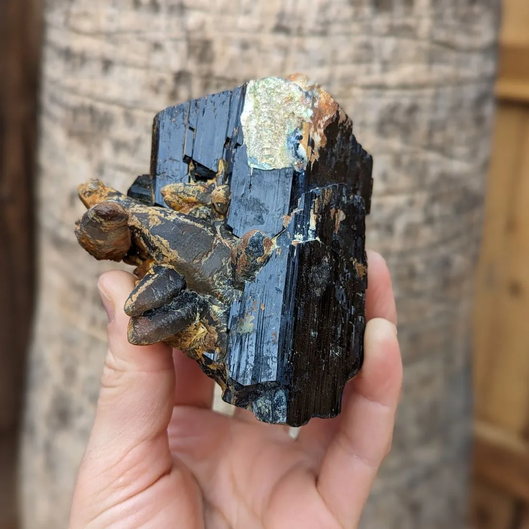 TERMINATED LUSTROUS BLACK TOURMALINE CRYSTAL WITH HYALITE OPAL, FERRUGINOUS QUARTZ, FROM ERONGO MOUNTAIN, ERONGO REGION, NAMIBIA