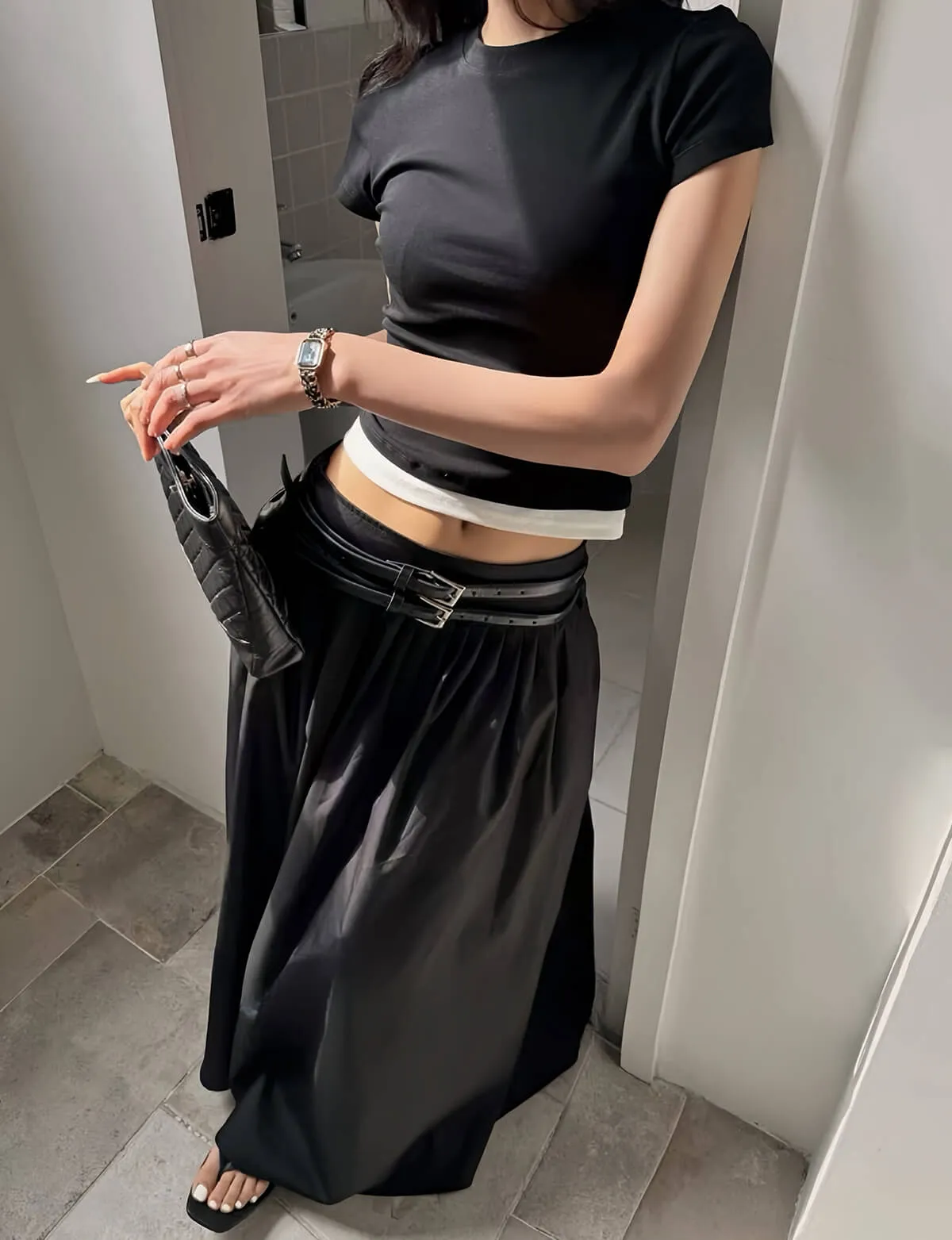 Thea Black Double Belted Maxi Skirt-PREORDER