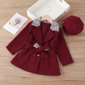 Toddler Kids Girls Solid Color Lapel Plaid Patchwork Coat Coat with Hat