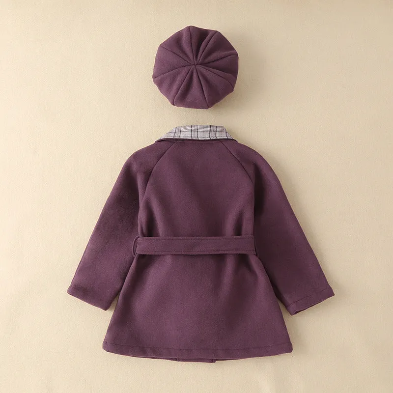 Toddler Kids Girls Solid Color Lapel Plaid Patchwork Coat Coat with Hat